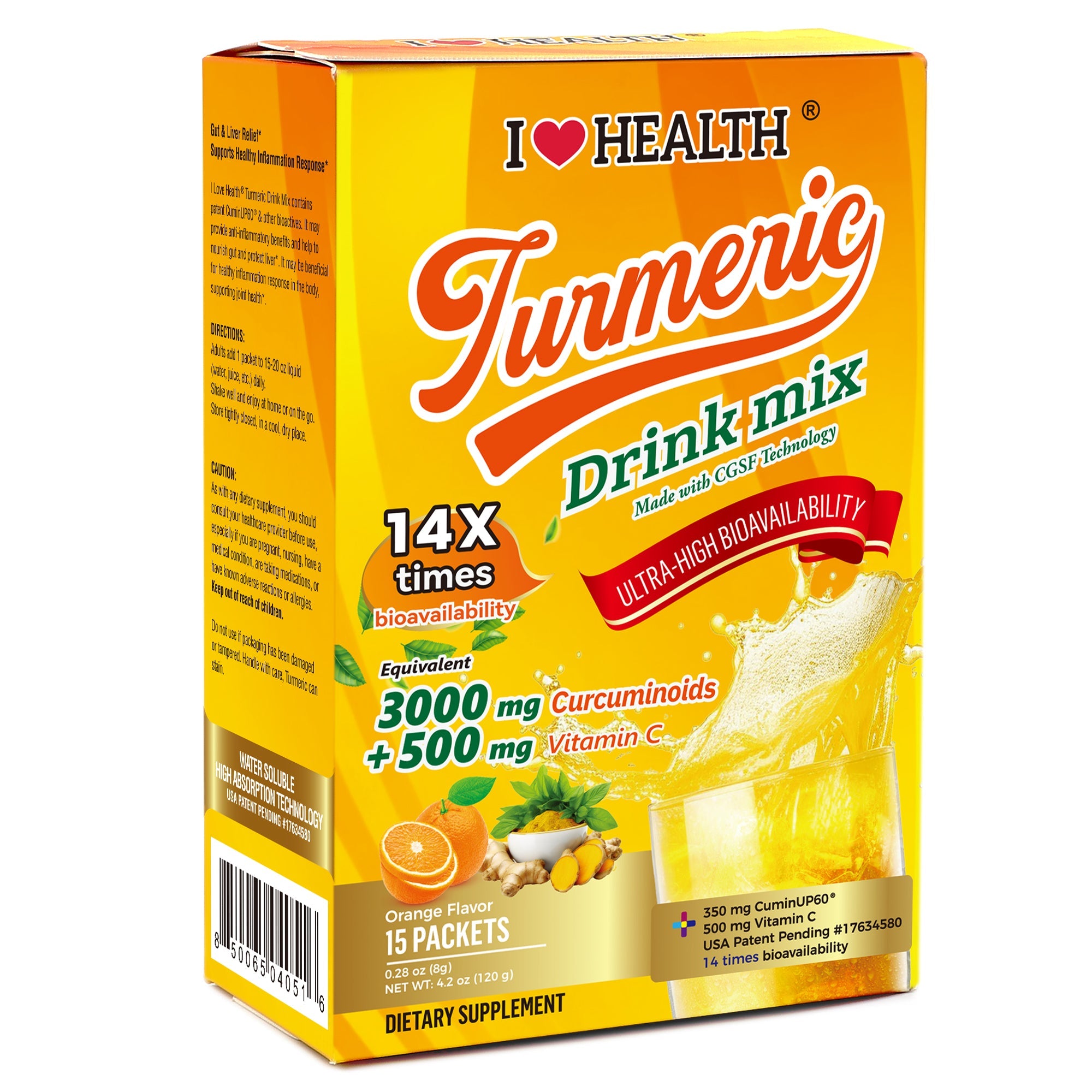I Love Health Turmeric Drink Mix with 350mg CuminUP60® (3000mg Curcuminoids), 500mg Vitamin C, 100mg Blood Orange & Elderberry Powder | 14X Bioavailability, Immune Support, Anti-Inflammatory, Antioxidant | 15 Packets, Sugar-Free, Gluten-Free, Vegetarian