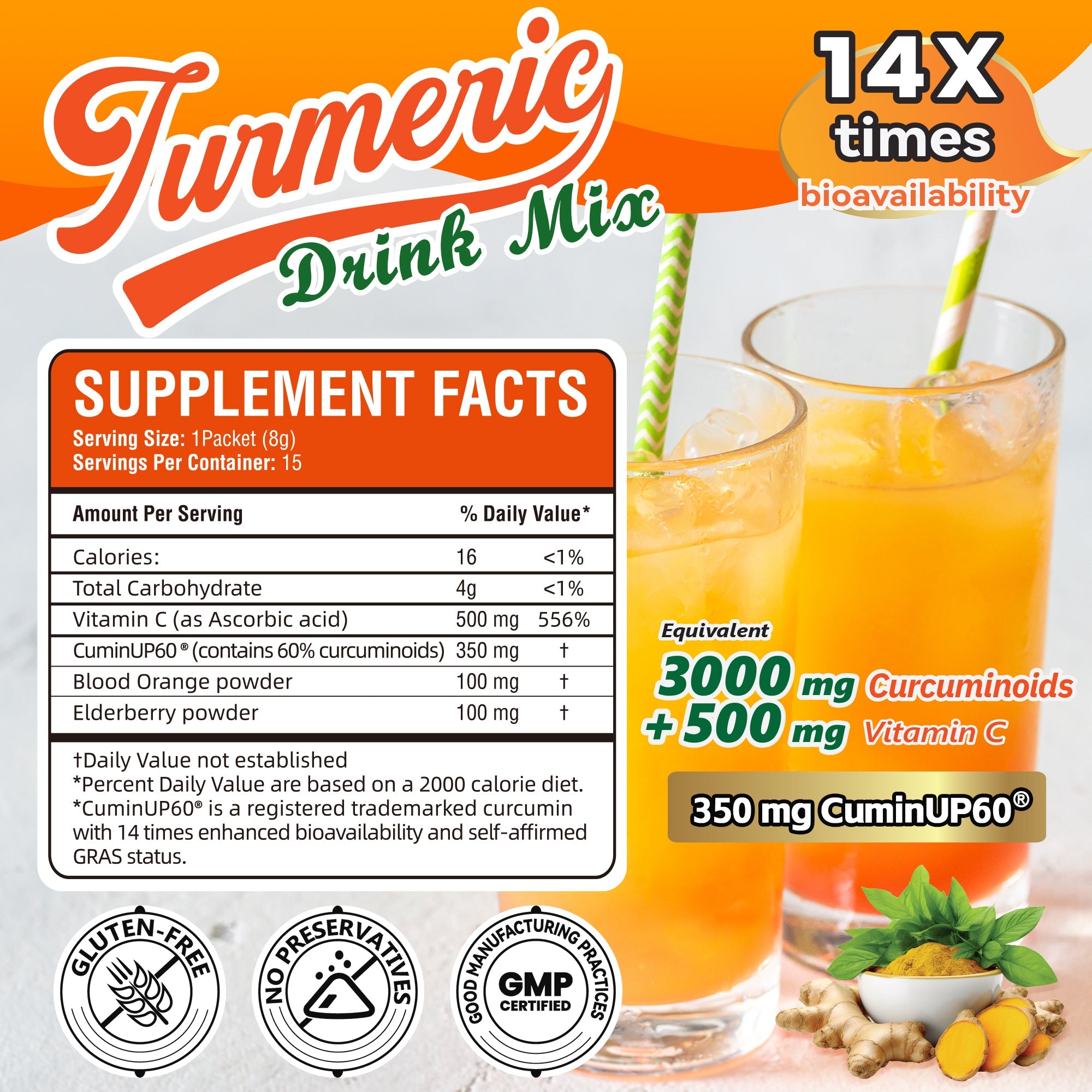 I Love Health Turmeric Drink Mix with 350mg CuminUP60® (3000mg Curcuminoids), 500mg Vitamin C, 100mg Blood Orange & Elderberry Powder | 14X Bioavailability, Immune Support, Anti-Inflammatory, Antioxidant | 15 Packets, Sugar-Free, Gluten-Free, Vegetarian