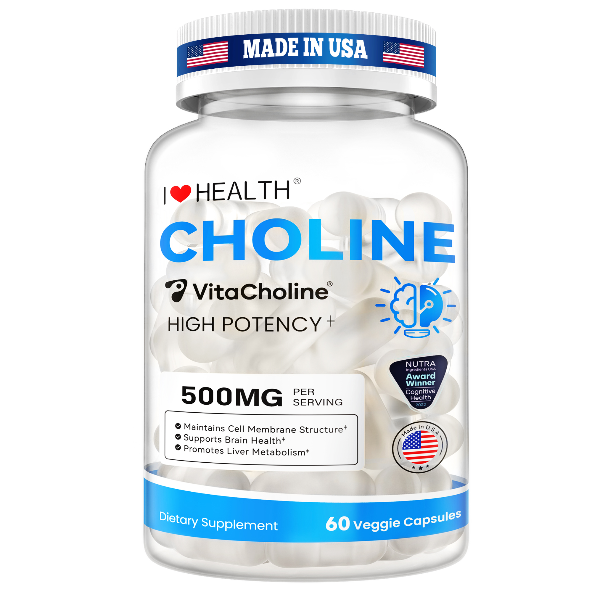 First Liquid Choline Supplement 500mg with VitaCholine® – USA Cognitive Health Award Winner – Superior Absorption – Supports Pregnancy, Baby Brain Development, Liver & Cell Health – 60 Veggie Capsules