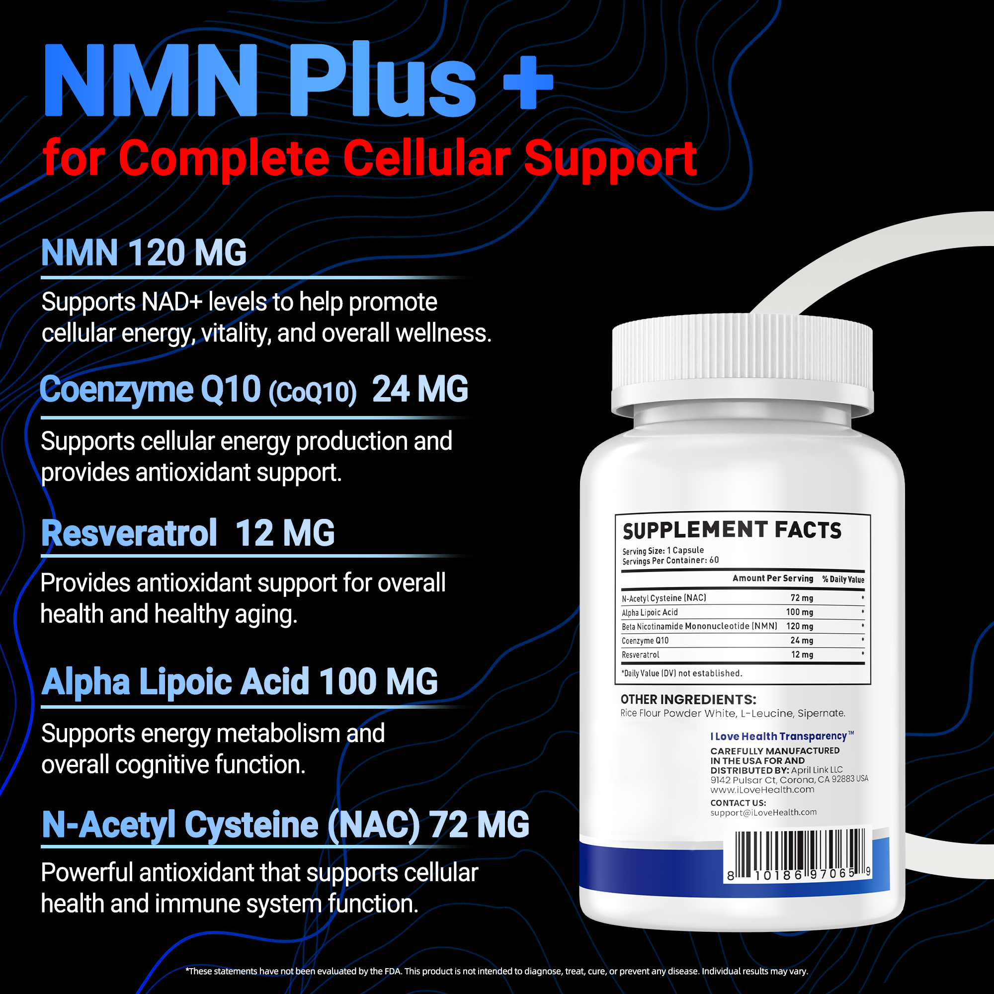 I Love Health NMN 5-In-1 Complex Plus+ for Women & Men W/ NAC, Alpha Lipoic Acid, NMN, Coenzyme Q10, Resveratrol | 60 Capsules | Supports Energy,Anti-Aging, Antioxidant & Cellular Health
