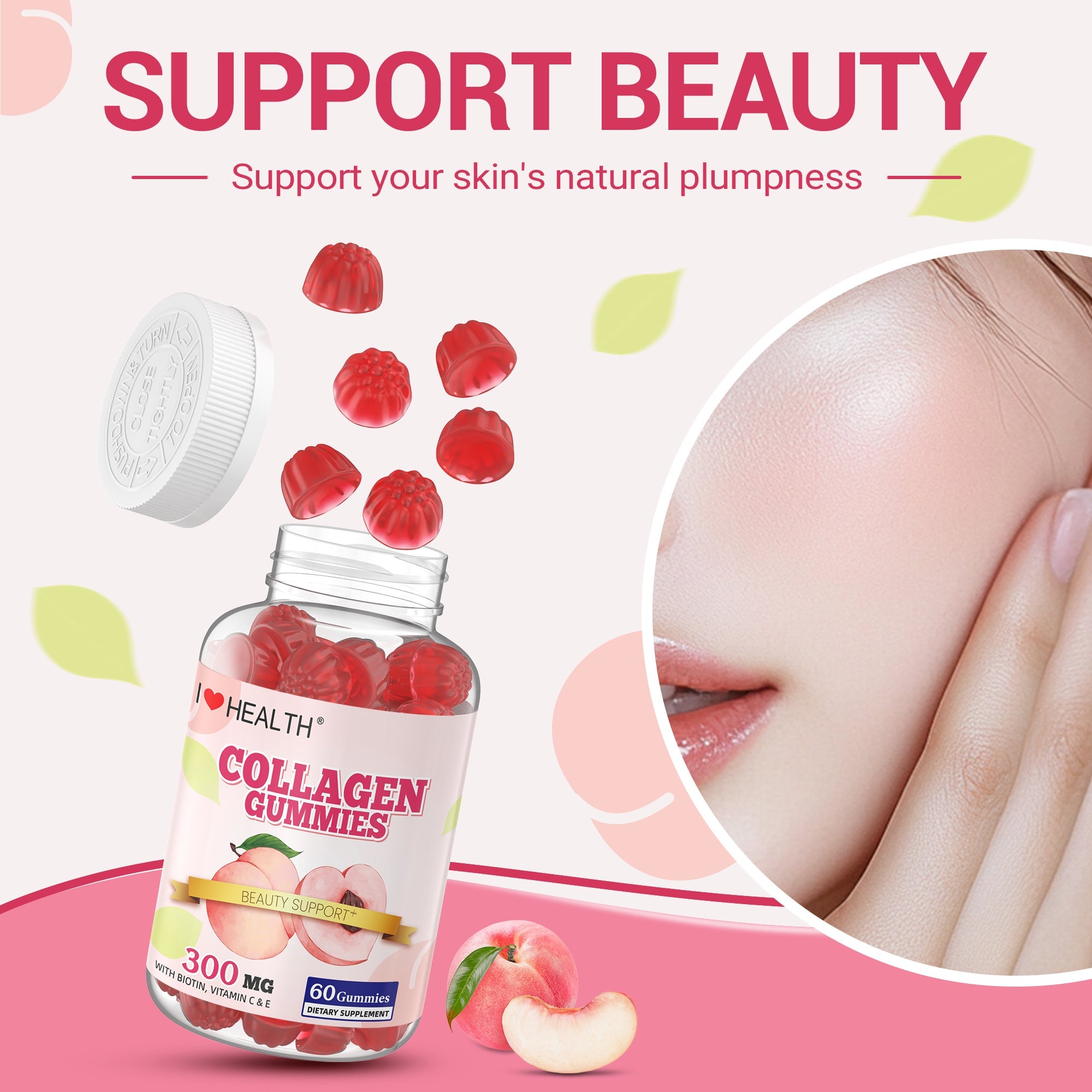 I Love Health® Collagen Gummies with Biotin, Vitamin C & E – 300mg Collagen + 100mcg Biotin per Serving – Supports Hair, Skin & Nails – 60 Gummies (Fish-Derived) – Made in cGMP Facility, 3rd Party Tested