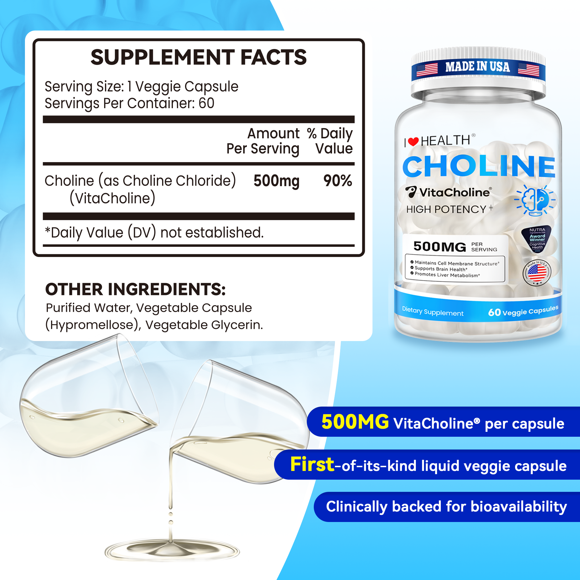 First Liquid Choline Supplement 500mg with VitaCholine® – USA Cognitive Health Award Winner – Superior Absorption – Supports Pregnancy, Baby Brain Development, Liver & Cell Health – 60 Veggie Capsules