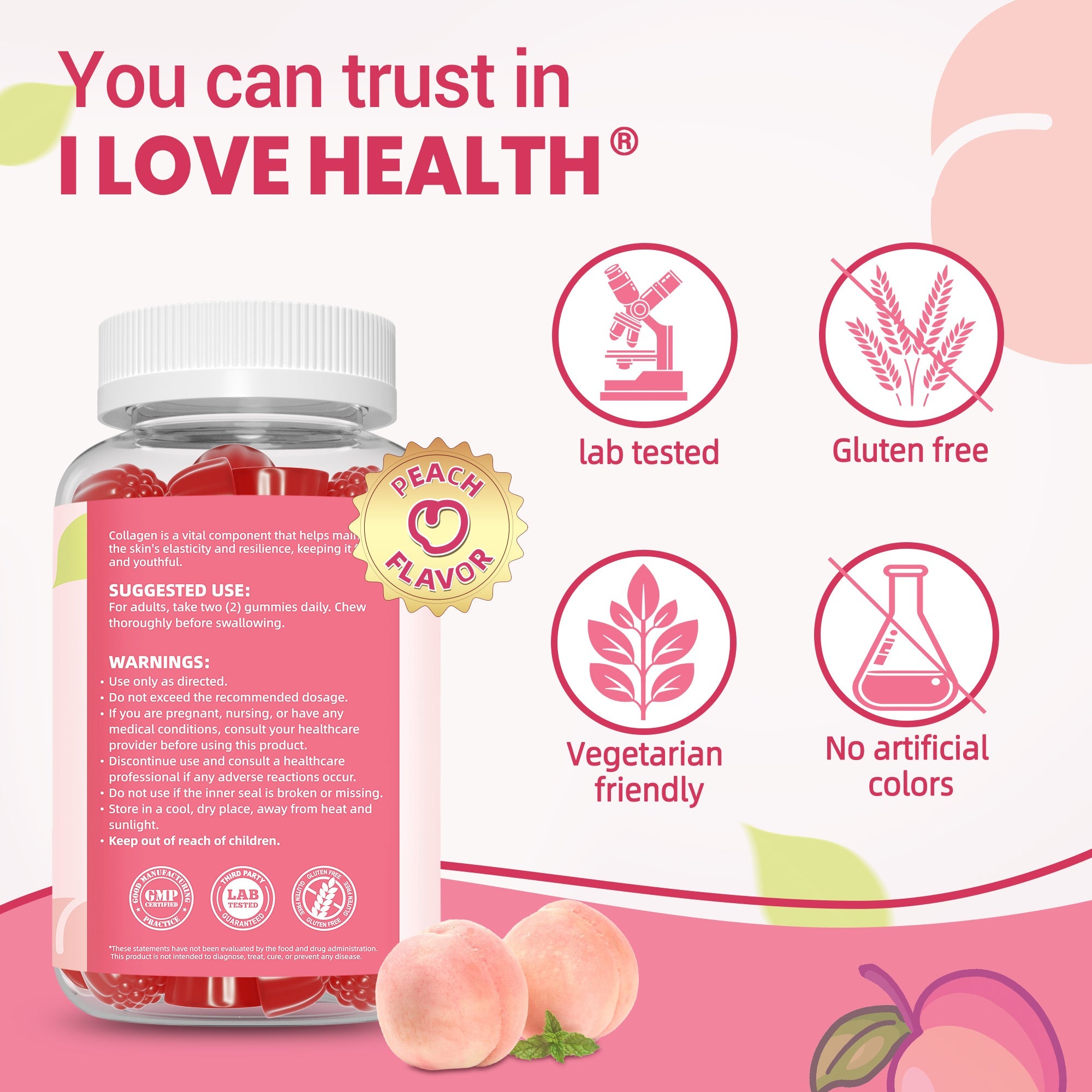 I Love Health® Collagen Gummies with Biotin, Vitamin C & E – 300mg Collagen + 100mcg Biotin per Serving – Supports Hair, Skin & Nails – 60 Gummies (Fish-Derived) – Made in cGMP Facility, 3rd Party Tested