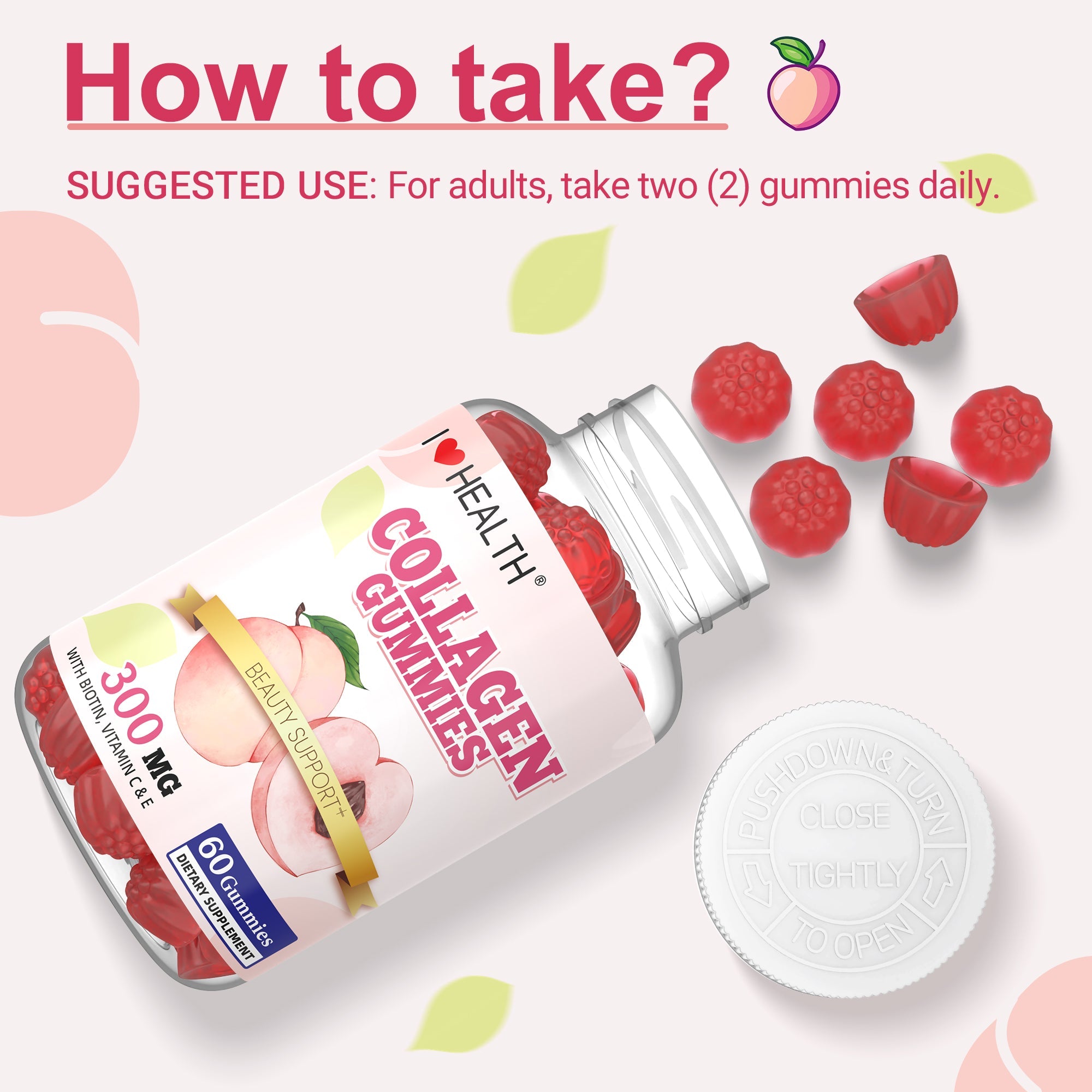 I Love Health® Collagen Gummies with Biotin, Vitamin C & E – 300mg Collagen + 100mcg Biotin per Serving – Supports Hair, Skin & Nails – 60 Gummies (Fish-Derived) – Made in cGMP Facility, 3rd Party Tested