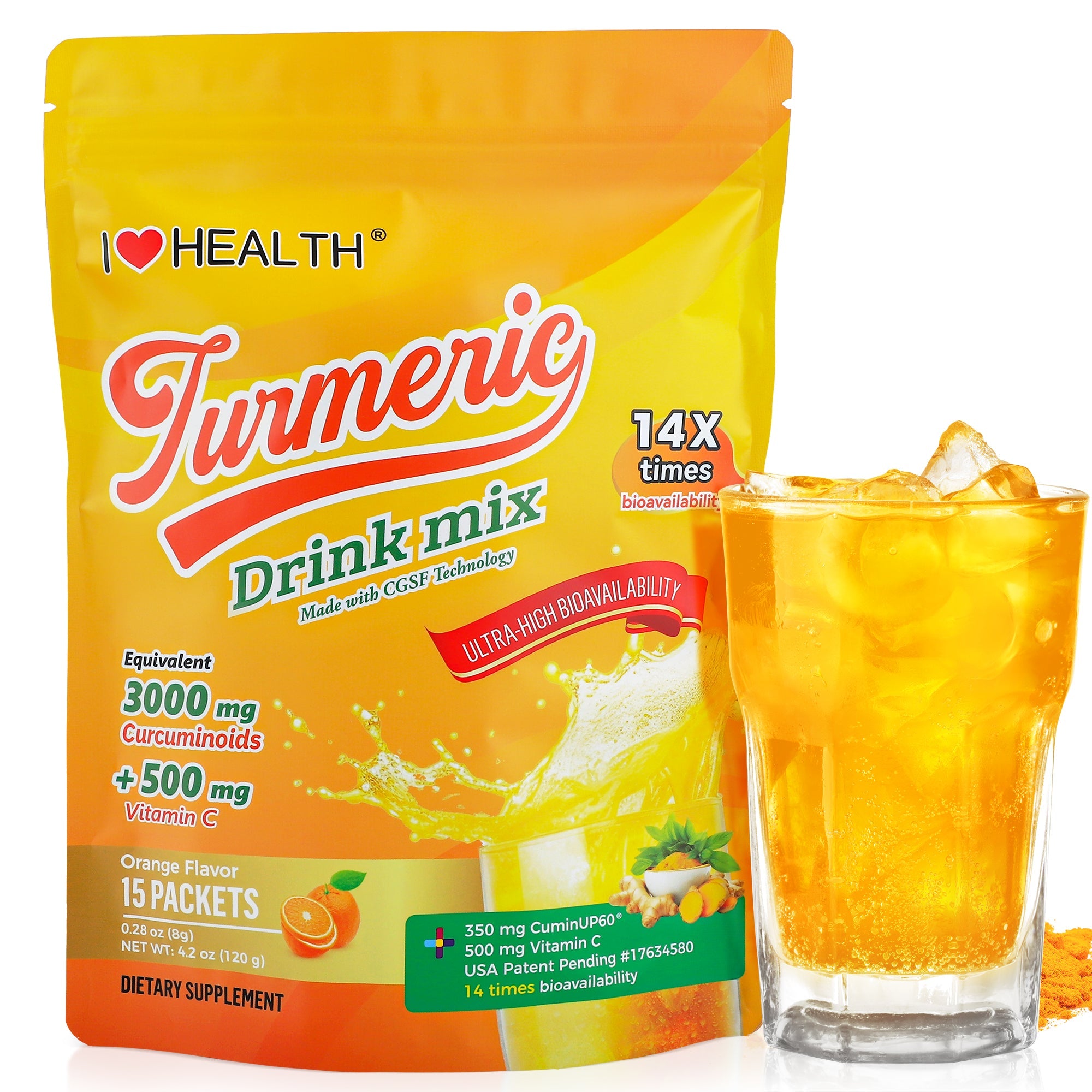 I Love Health Turmeric Drink Mix with 350mg CuminUP60® (3000mg Curcuminoids), 500mg Vitamin C, 100mg Blood Orange & Elderberry Powder | 14X Bioavailability, Immune Support, Anti-Inflammatory, Antioxidant | 15 Packets, Sugar-Free, Gluten-Free, Vegetarian