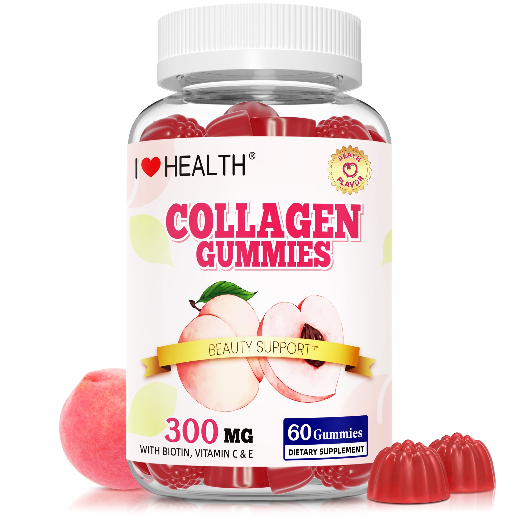 I Love Health® Collagen Gummies with Biotin, Vitamin C & E – 300mg Collagen + 100mcg Biotin per Serving – Supports Hair, Skin & Nails – 60 Gummies (Fish-Derived) – Made in cGMP Facility, 3rd Party Tested