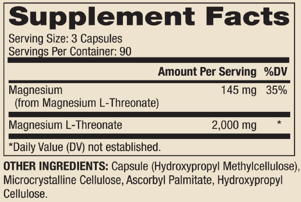 Magnesium L-Threonate 270 Capsules Supplement Facts